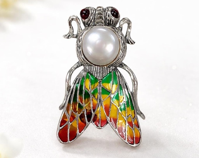 Art Nouveau Pendant Brooch, 925 Sterling Silver Pearl Insect Jewelry with Enamel Wings, Vintage Style Design