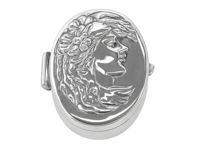 925 Sterling Silver Pill Box Antique Style Oval Trinket Box with Embossed Lady Collectible Vintage Inspired Keepsake Case