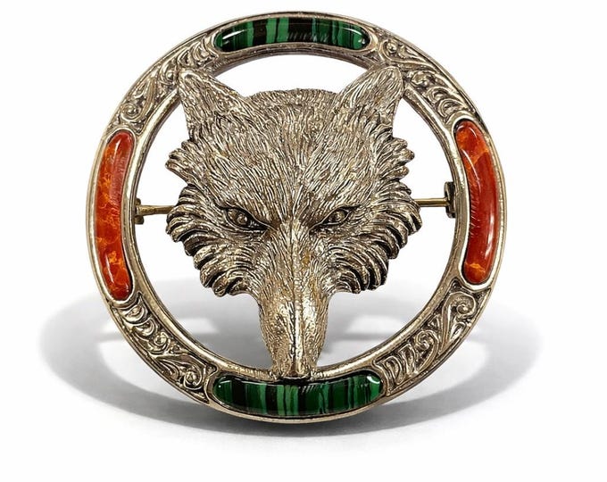 Antique Inspired Fox Coral and Malachite Brooch 925 Sterling Silver