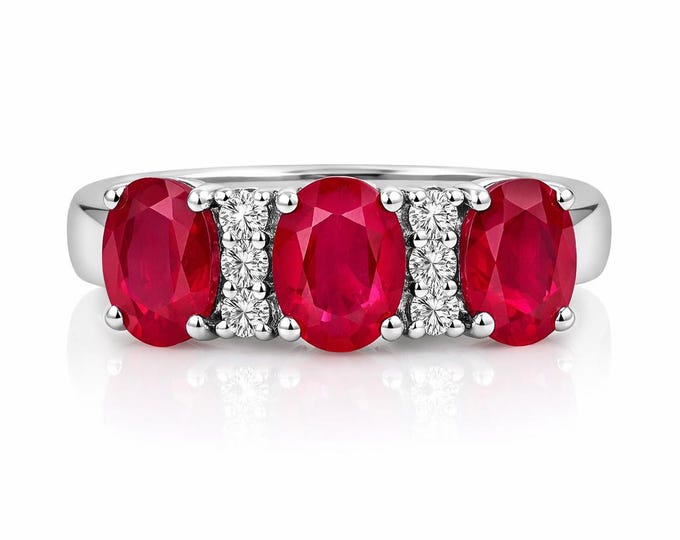 Three Stone Ruby and Emerald Ring 925 Sterling Silver Hallmarked