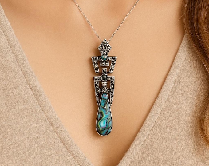 Art Deco Inspired Turquoise and Marcasite Pendant 925 Sterling Silver