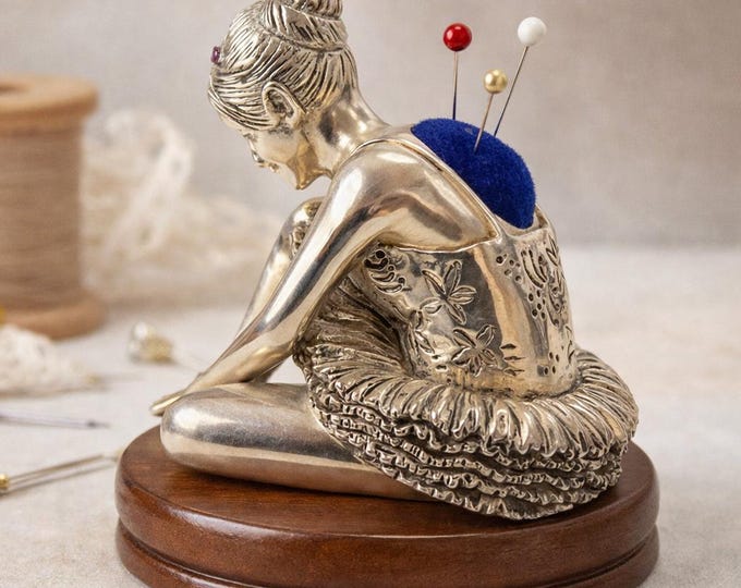 Vintage Silver Plated Ballerina Pin Cushion, Collectible Sewing Accessory