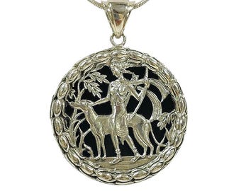 Antique Style Diana the Huntress Artemis Onyx Pendant 925 Sterling Silver