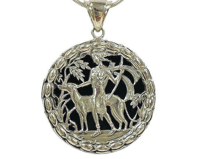 Antique Style Diana the Huntress Artemis Onyx Pendant 925 Sterling Silver