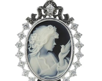 Vintage Style Cameo Pendant Necklace, Silver Plated Lady Profile with Marcasite & CZ Accents