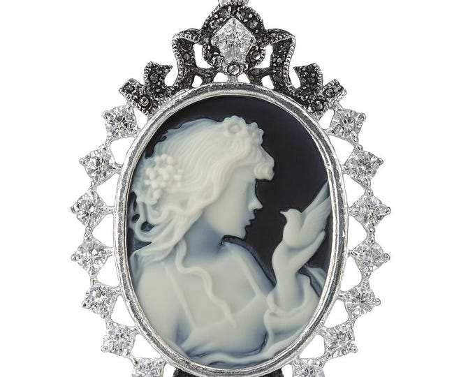 Vintage Style Silver Plated Cameo Pendant Necklace Oval Lady Profile with Marcasite and CZ Accents Victorian Inspired Statement Jewelry