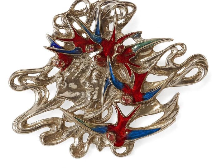Vintage Sterling Silver Swallow Bird Pendant Brooch with Red and Blue Enamel Collectible Art Nouveau Style Jewelry