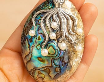Art Nouveau Inspired Abalone Octopus Freshwater Pearl Pendant 925 Sterling Silver