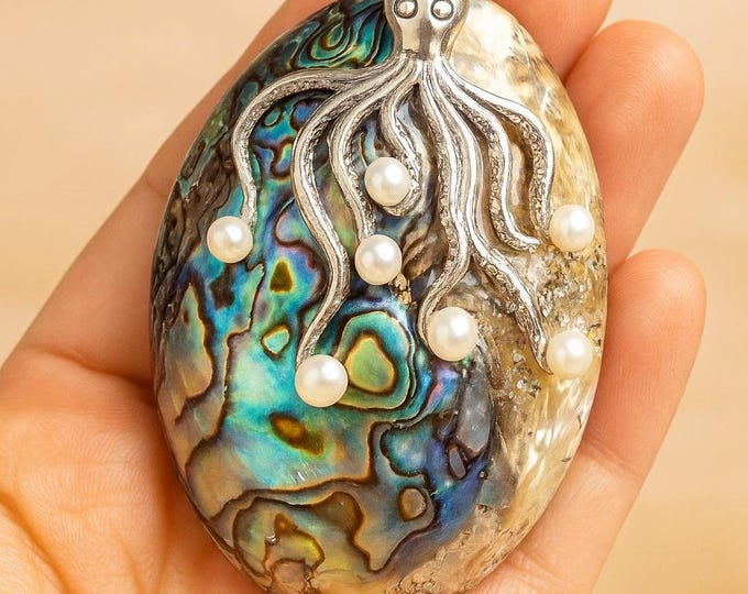 Art Nouveau Inspired Abalone Octopus Freshwater Pearl Pendant 925 Sterling Silver