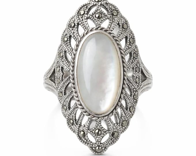 Vintage Inspired Art Deco Ring 925 Sterling Silver Mother of Pearl Teardrop Ring