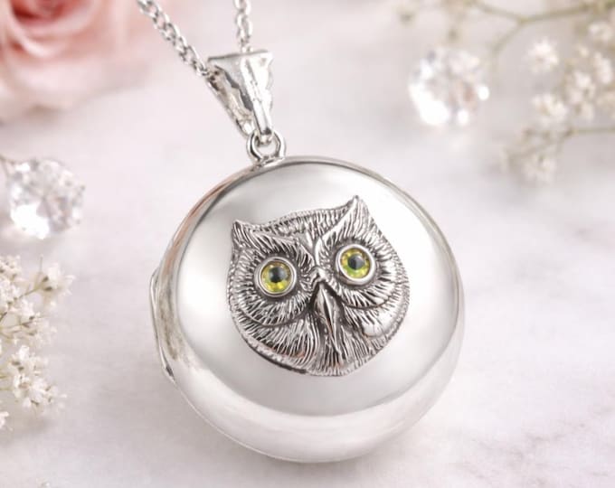 925 Sterling Silver Ruby Owl Locket Pendant, Engraved Owl Necklace