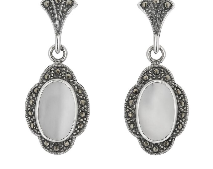 925 Sterling Silver Dangle Earrings with Mother of Pearl Oval Stone Vintage Inspired Drop Earrings, Boho Statement Jewelry