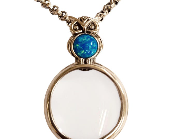 Antique Inspired Collectable Gilson Opal Owl Magnifying Glass Pendant 925 Sterling Silver