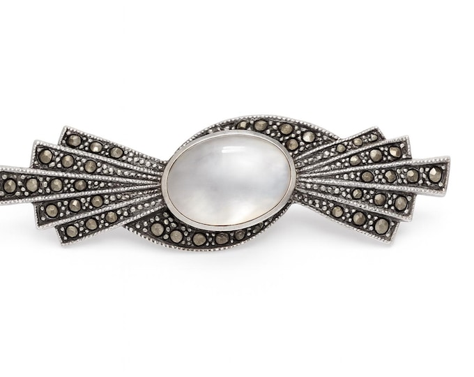 Art Deco Inspired Mother of Pearl and Marcasite Brooch 925 Sterling Silver