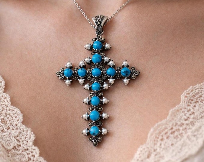 Victorian Style 925 Sterling Silver Turquoise, Pearl and Marcasite Cross Pendant Antique Inspired Gemstone Necklace