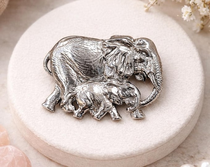 Antique Style Elephant Baby and Mother Collectable Brooch 925 Sterling Silver
