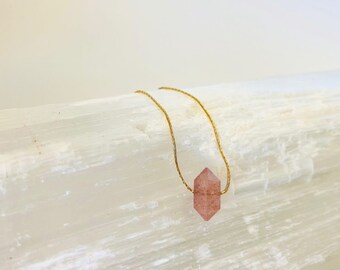 Floating Strawberry Quartz Necklace, 14k Goldfilled Chain