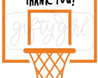 May include: An orange basketball hoop graphic with the words "Thank You!" in black. The design features a net and backboard, ideal for sports-themed gifts or cards. The background is white.