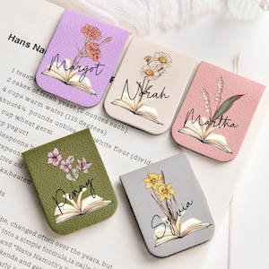 Leather Magnetic Bookmark,Name Bookmark with Birth Flower,Personalized Magnetic Bookmark with name,Book Lover Birthday Gift,Book Accessory