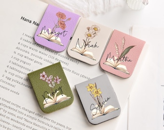 Marcador magnético de cuero, marcapáginas con nombre y flor de nacimiento, marcapáginas magnético personalizado con nombre, regalo de cumpleaños para amantes de los libros, accesorio para libros
