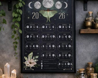 Moon Phase Calendar 2026 | Lunar Calendar Wall Art | Celestial Witchy Decor | Moon Lover Gift