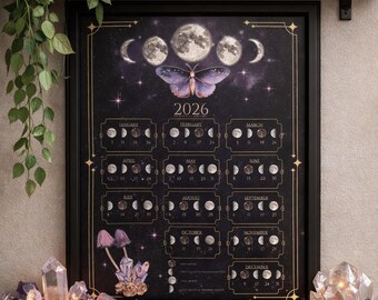 Moon Phase Calendar 2026 | Lunar Calendar Wall Art | Celestial Witchy Decor | Moon Lover Gift