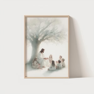 Jesus Sitting with Children, Jesus Portrait, Jesus painting, Jesus print, Jesus wall art, white Jesus, Jesus watercolor, home decor