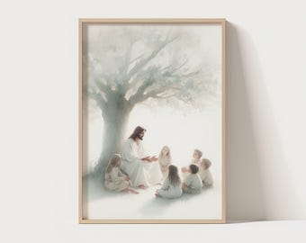 Jesus Sitting with Children, Jesus Portrait, Jesus painting, Jesus print, Jesus wall art, white Jesus, Jesus watercolor, home decor