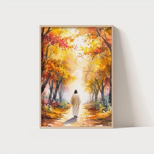 Jesus Walking in Autumn Forest – Christian Wall Art Printable – Watercolor Fall Landscape with Christ – Digital Download Faith Home Decor