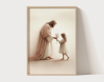 Jesus and Little Girl Praying, Modern Christian Art, Jesus Christ and Girl, Jesus with Children, Jesus Portrait Art, LDS Art, Bible Painting