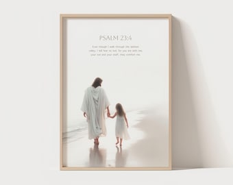 Jesus går med en flicka, går med Jesus, Jesus väggkonst, biblisk konst, Jesus akvarell, Jesus tryck, Psalm 23