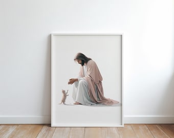 Christian Art, Jesus playing with Cat, Jesus Christ with Cats, Bible Art, Jesus Christ Painting, Jesus Christ, Digital Art of Jesus
