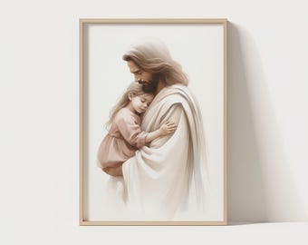 May include: A framed print depicts a tender scene of a figure in white robes cradling a young girl in a pink dress. The artwork features soft, warm tones and a gentle embrace, conveying a sense of comfort and protection.