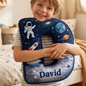 Custom Space Alphabet Letter Pillow Astronaut Name Cushion Rocket Moon Nursery Decor Kids Bedroom Playroom Gift Personalised Boy Gift