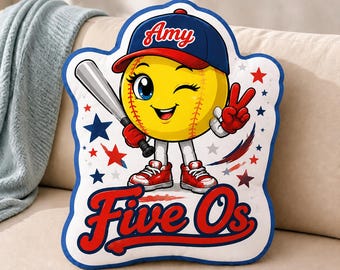 Cuscino personalizzato con emoji da softball, nome, baseball, sportivo, peluche, decorazione personalizzata per la cameretta dei bambini, regalo per gli appassionati di baseball, stile Five Os