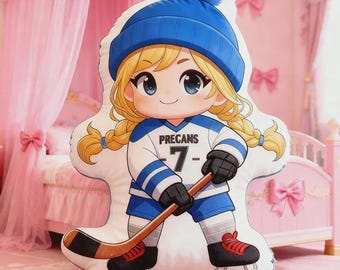 Custom Hockey Girl Pillow with Name Number Personalized Player Plush Multi Size Color Options Kids Bedroom Decor Sports Gift for Girls