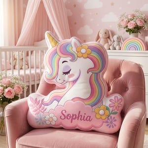 Personalized Unicorn Name Pillow Custom Shaped Plush Cushion Girl Room 3D Graphic Print Toddler Bed Comfort Decorative Rainbow Nursery Decor