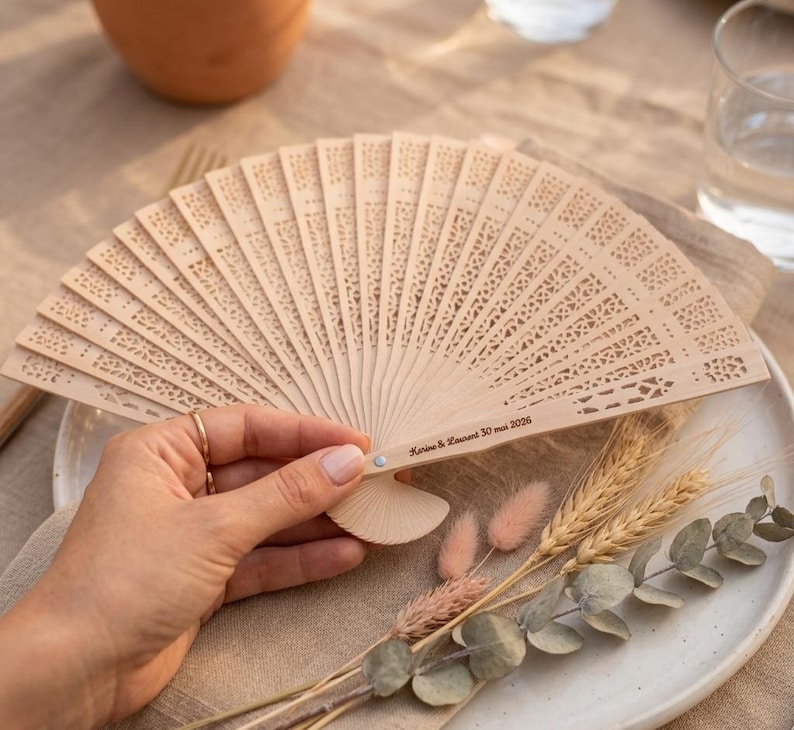 Personalized Wooden Wedding Fan - Laser Engraving - Guest Gift - Engraved Wooden Wedding Fan - Useful Place Card Favor image 2