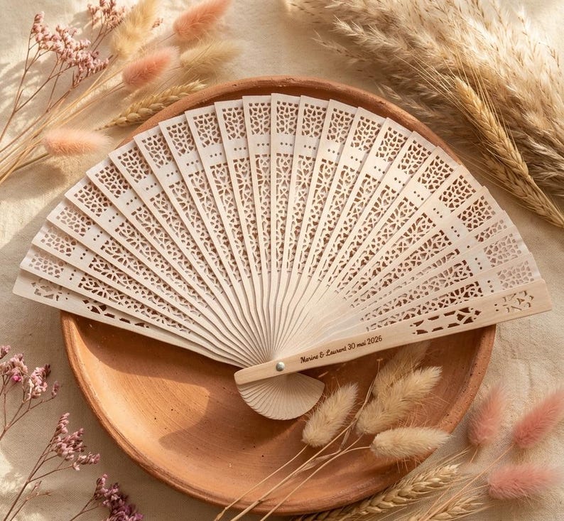 Personalized Wooden Wedding Fan - Laser Engraving - Guest Gift - Engraved Wooden Wedding Fan - Useful Place Card Favor image 4