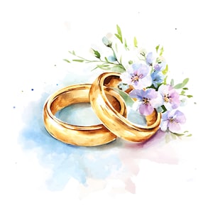 21 Clipart di anelli di nozze d'oro floreali, fedi nuziali, clipart di acquerelli stampabili, JPG di alta qualità, download digitale