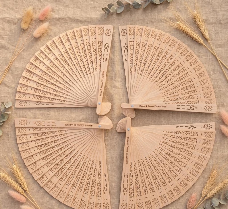 Personalized Wooden Wedding Fan - Laser Engraving - Guest Gift - Engraved Wooden Wedding Fan - Useful Place Card Favor image 5