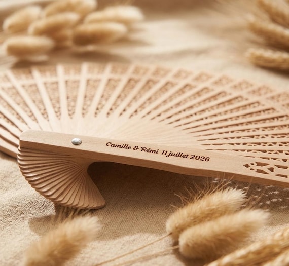Éventail Mariage Personnalisé en Bois - Gravure Laser - Cadeau Invités - Ventaglio Matrimonio Legno Inciso - Bomboniera Segnaposto Utile