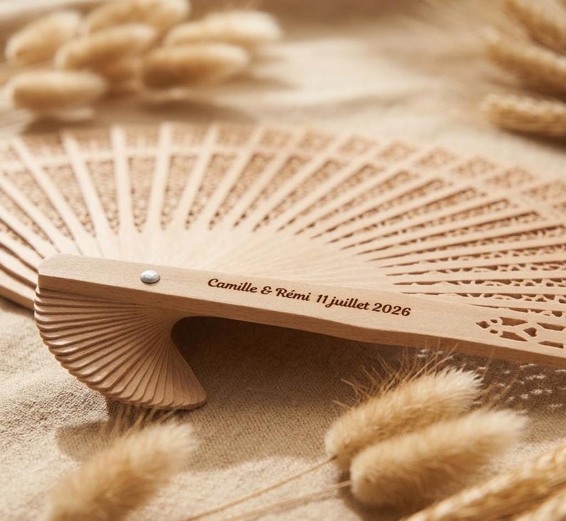 Personalized Wooden Wedding Fan - Laser Engraving - Guest Gift - Engraved Wooden Wedding Fan - Useful Place Card Favor image 1