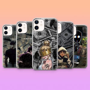 May include: A collection of five iPhone cases with unique designs. The cases feature illustrations of characters, money, and the text "1% Better." The color palette is primarily black, white, and gray, with accents of gold and green.