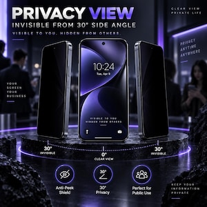 Könnte beinhalten: Ein Smartphone mit einem Sichtschutz-Displayschutz in drei Winkeln. Der mittlere Bildschirm zeigt 10:24 Uhr und den Text: PRIVACY VIEW, INVISIBLE FROM 30° SIDE ANGLE, VISIBLE TO YOU, HIDDEN FROM OTHERS. Die seitlichen Bildschirme erscheinen dunkel.
