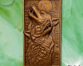 Howling Wolves Bas Relief STL OBJ for CNC Carving, Wolf Moon, 3D Printing Art Panel Digital Design