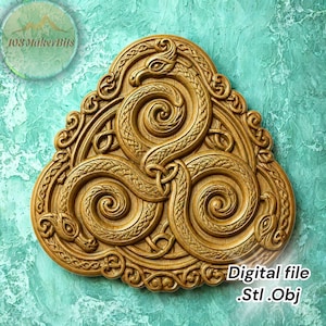 May include: A triangular wooden relief carving featuring three intertwined serpents in a continuous knotwork pattern. The design includes detailed scales and heads, with the text 103 MakerBits and Digital file .Stl .Obj visible on the image.