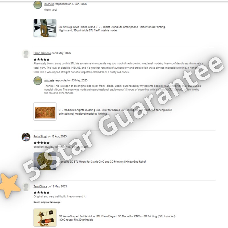 May include: A screenshot of Etsy product reviews. The reviews include text and star ratings. Products mentioned include a phone stand, medieval knights bas-relief, and a bottle holder. A "5-Star Guarantee" graphic is overlaid on the image.