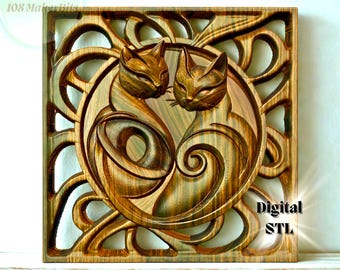 Cat 3D STL bas-relief for CNC router, digital carving file, decorative wood panel design, wall art sculpture