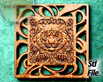 Pannello a rilievo con tigre, file STL per CNC o stampa 3D, disegno decorativo da parete con tigre, file per fresatrice CNC per intaglio del legno per Aspire Artcam Estlcam